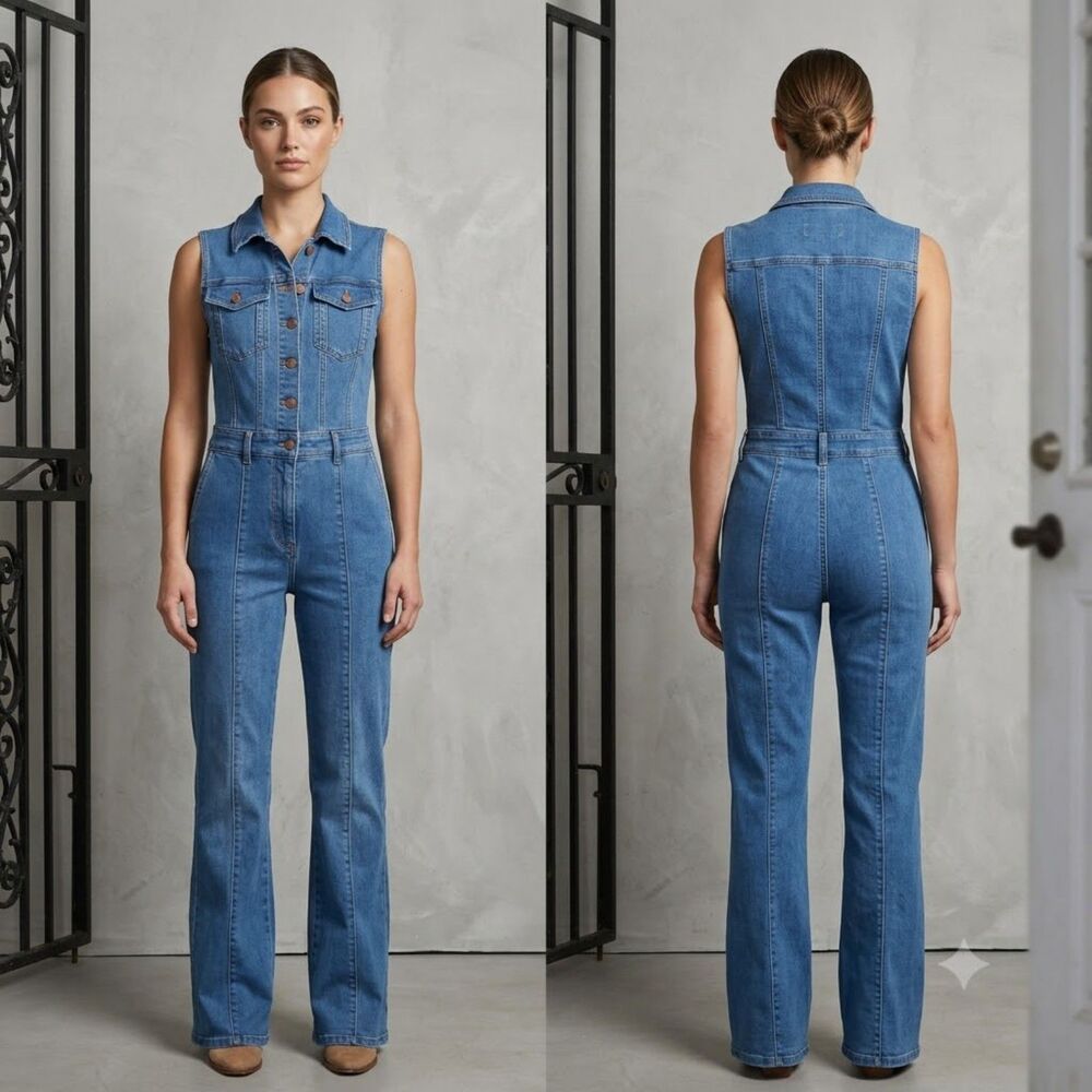Lark + Grey Sleeveless Denim Jumpsuit Size M Medium Blue Wash Flared Bootcut